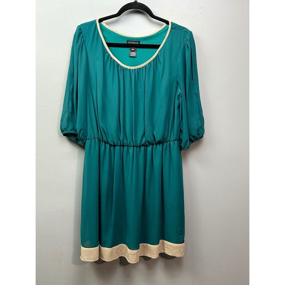 Enfocus‎ Women Dress 14W Teal Chiffon Split Sleeve Elastic Waist Jewel Tone